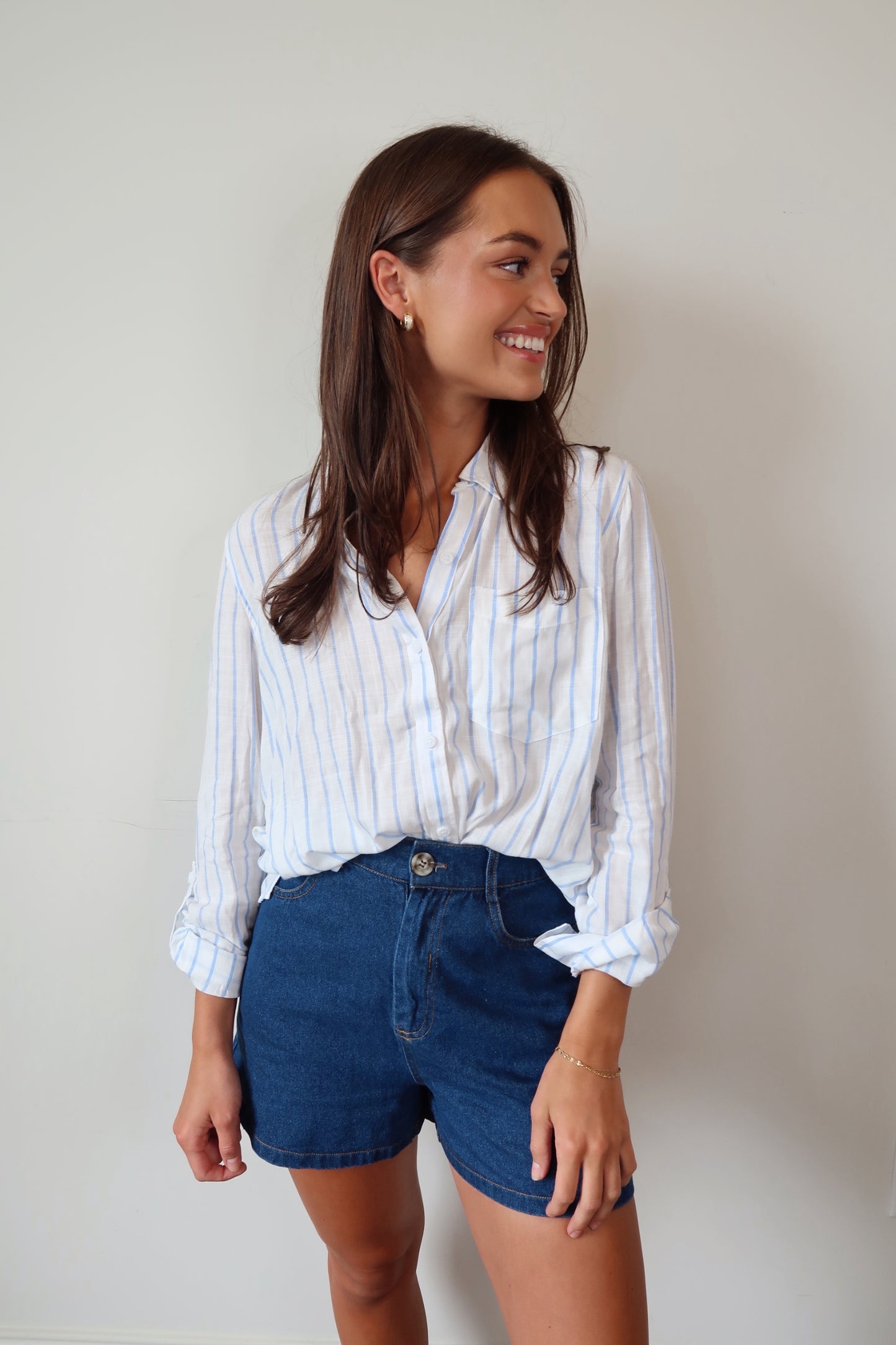 Sitting Seaside Striped Button Up