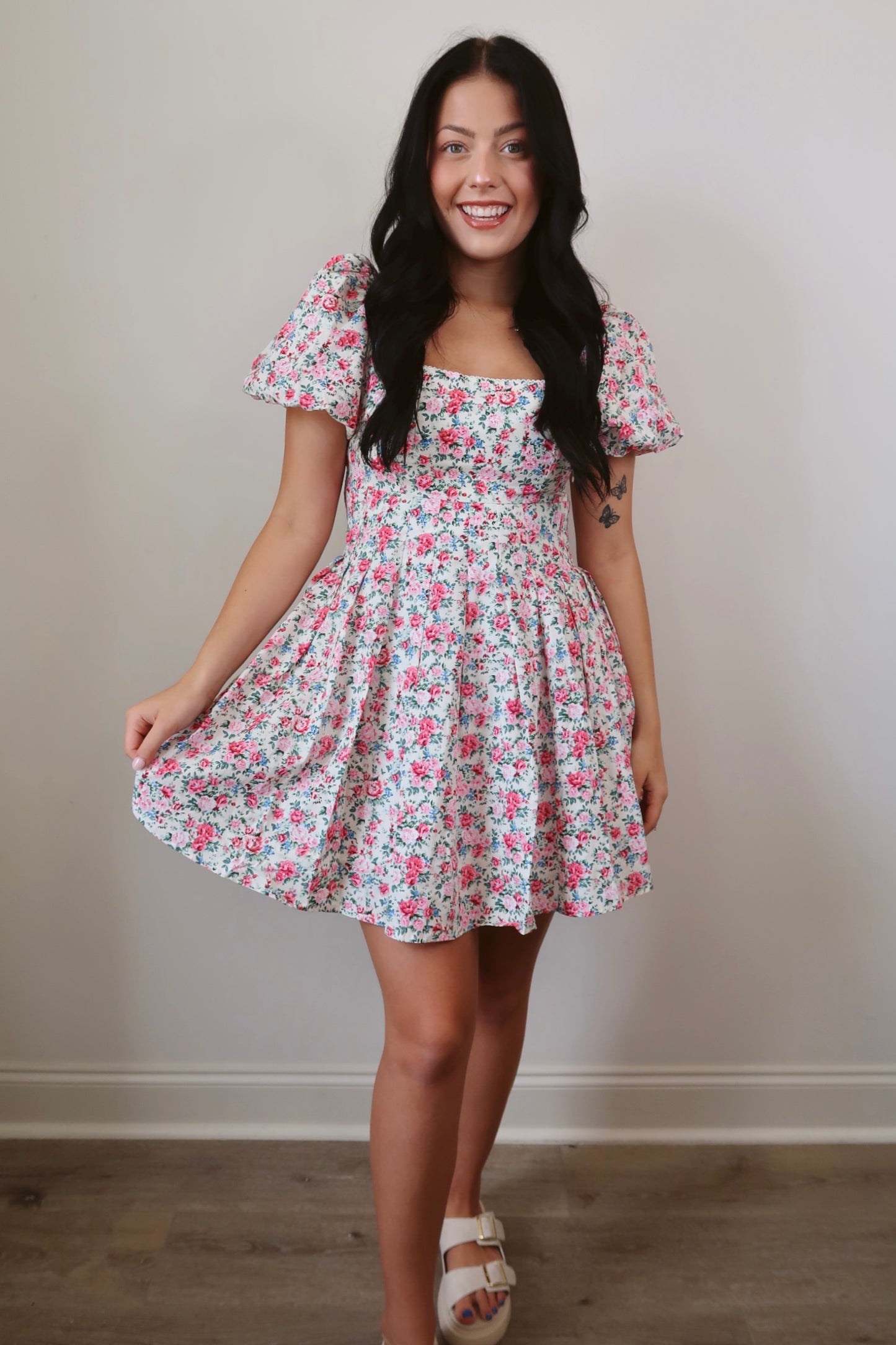 Strolling The Gardens Puff Sleeve Mini Dress